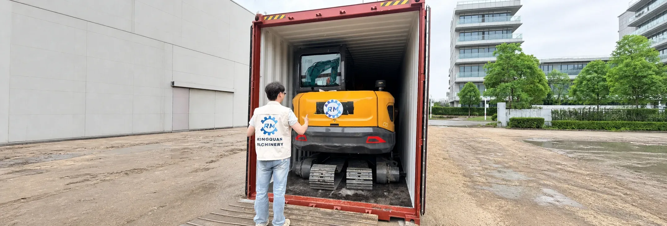 Construction machinery prepared for export shipping from China